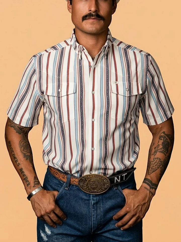 Men'S Western-Style Casual Blue And White Striped Shirt