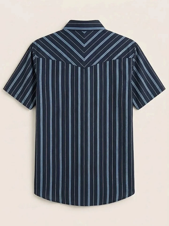 Midnight Blue Contrast Stripe Yoke Design Short Sleeve Shirt