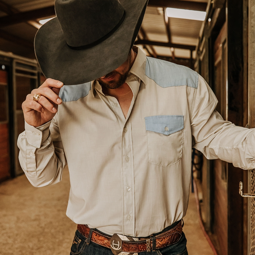 Men's blue patchwork khaki print western casual retro lapel long sleeve shirt