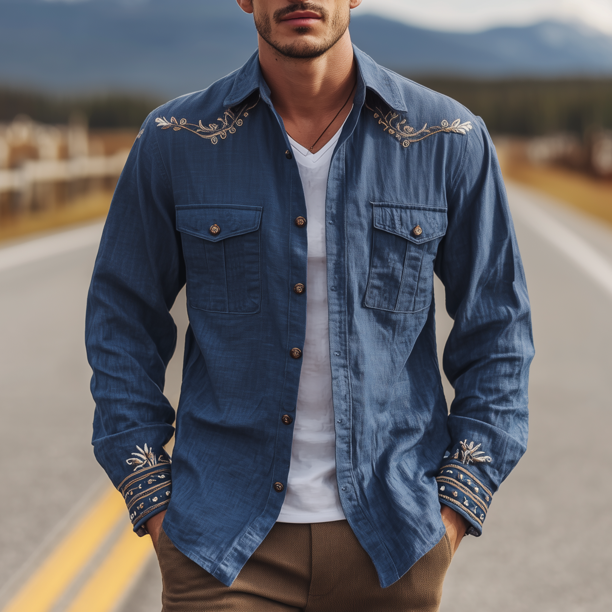 Men's Classic Casual Western Cowboy Style Embroidered Cotton And Linen Blend Long-sleeved Shirt MTA3195G7K