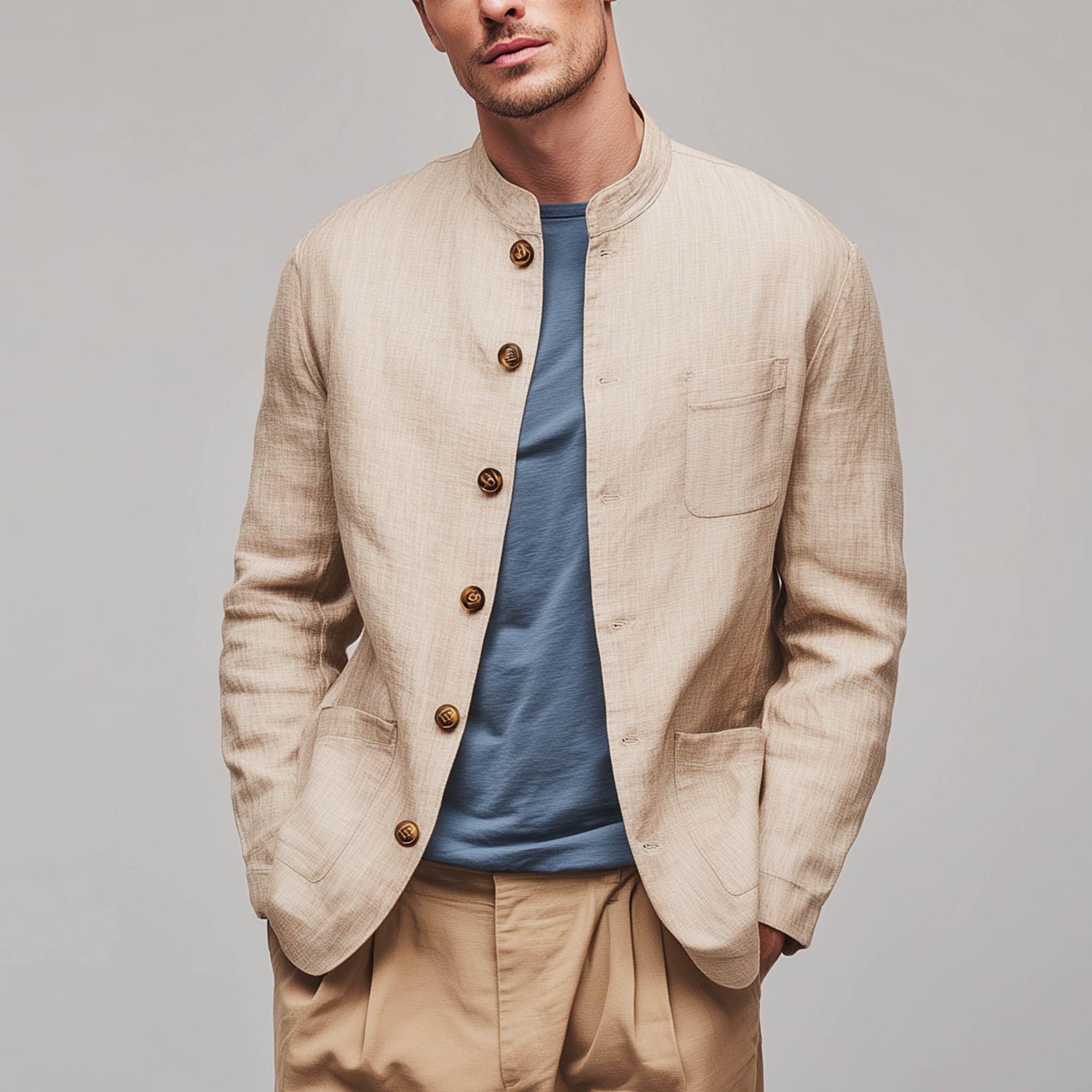 Men's Classic Retro Casual Cotton And Linen Blend Stand Collar Multi-pocket Jacket MTA0184H4K