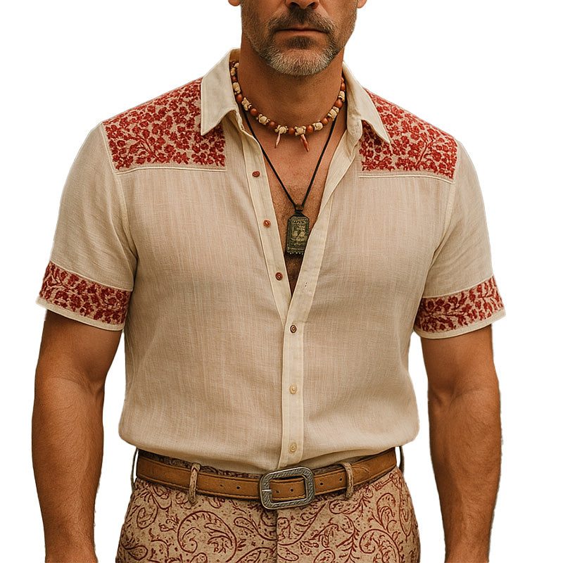 Men's Summer Fashion Breathable Embroidered Light Linen Short Sleeve Shirt MTA2349E8P