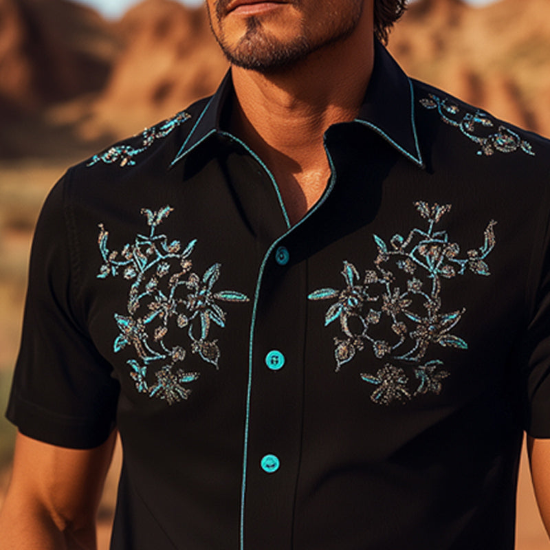 Men's Summer Western Cowboy Style Retro Embroidered Short-Sleeved Shirt MTA2189E4U