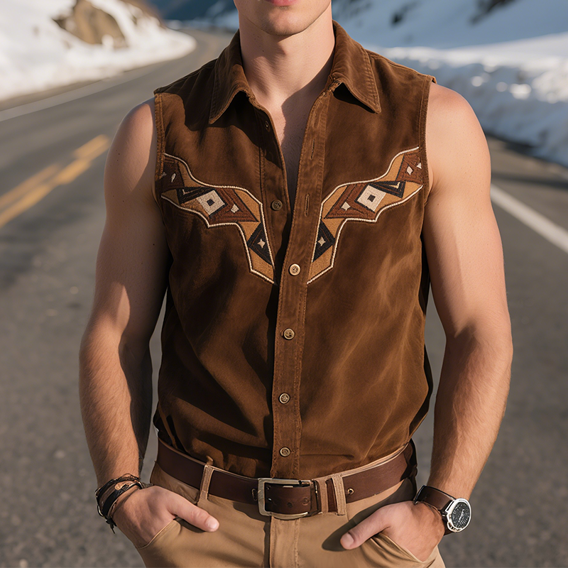 Men's Vintage Casual Western Suede Geometric Embroidery Lapel Sleeveless Shirt MTA2297G8TO