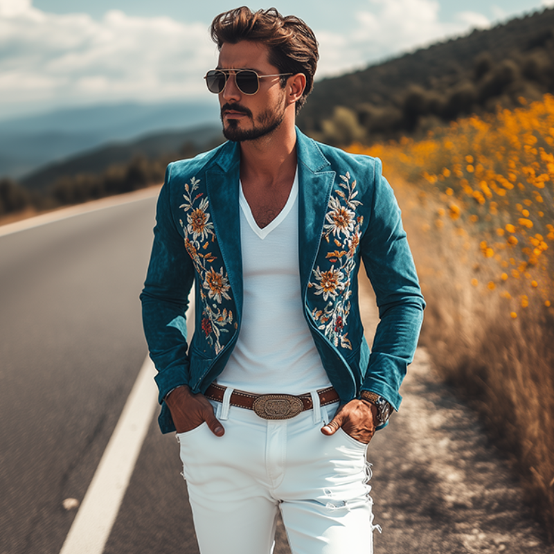 Men's Classic Retro Casual Slim Fit Western Style Embroidered Sheepskin Suede Blazer 67207851K