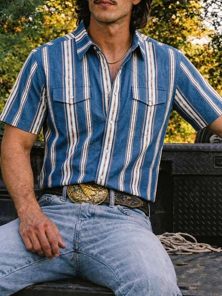 Men'S Western-Style Casual Blue And White Striped Shirt