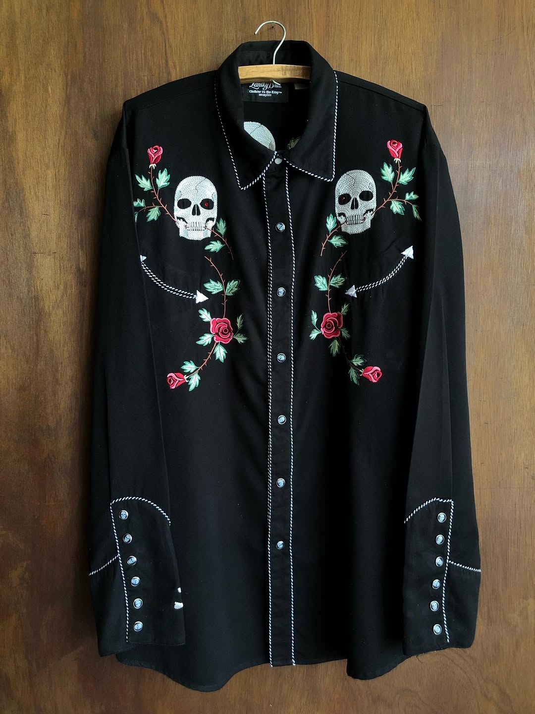 Black Skull Rose Embroidery Western Shirt