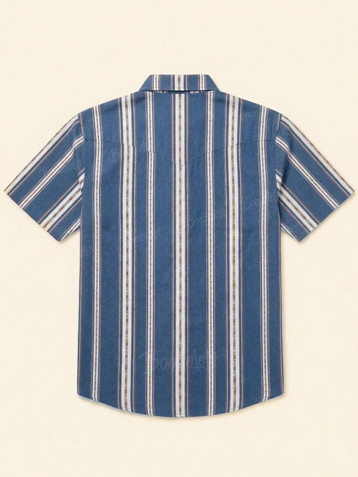 Men'S Western-Style Casual Blue And White Striped Shirt