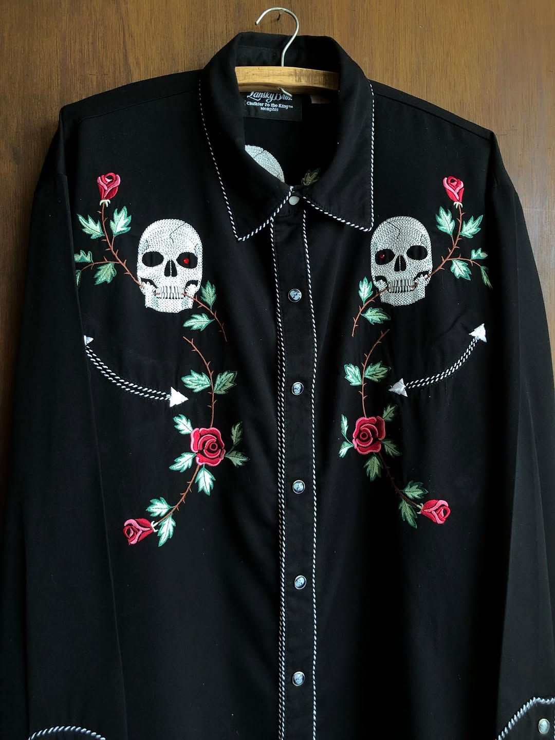 Black Skull Rose Embroidery Western Shirt