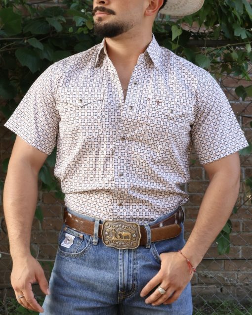 Rodeo Men Light Yellow Diamond Western Print Pearl Snap Shirt