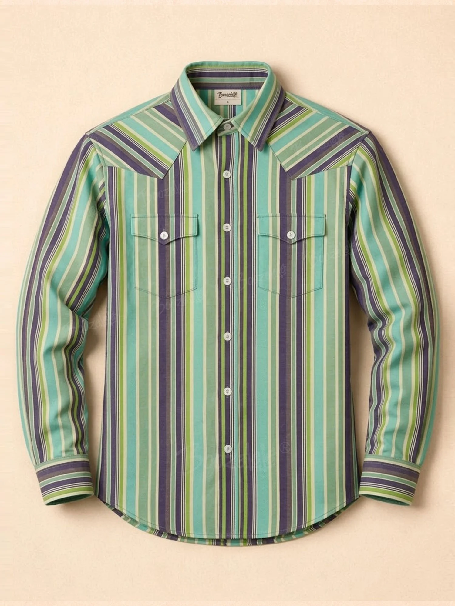 Men'S Western-Style Casual Green And Blue Striped Shirt
