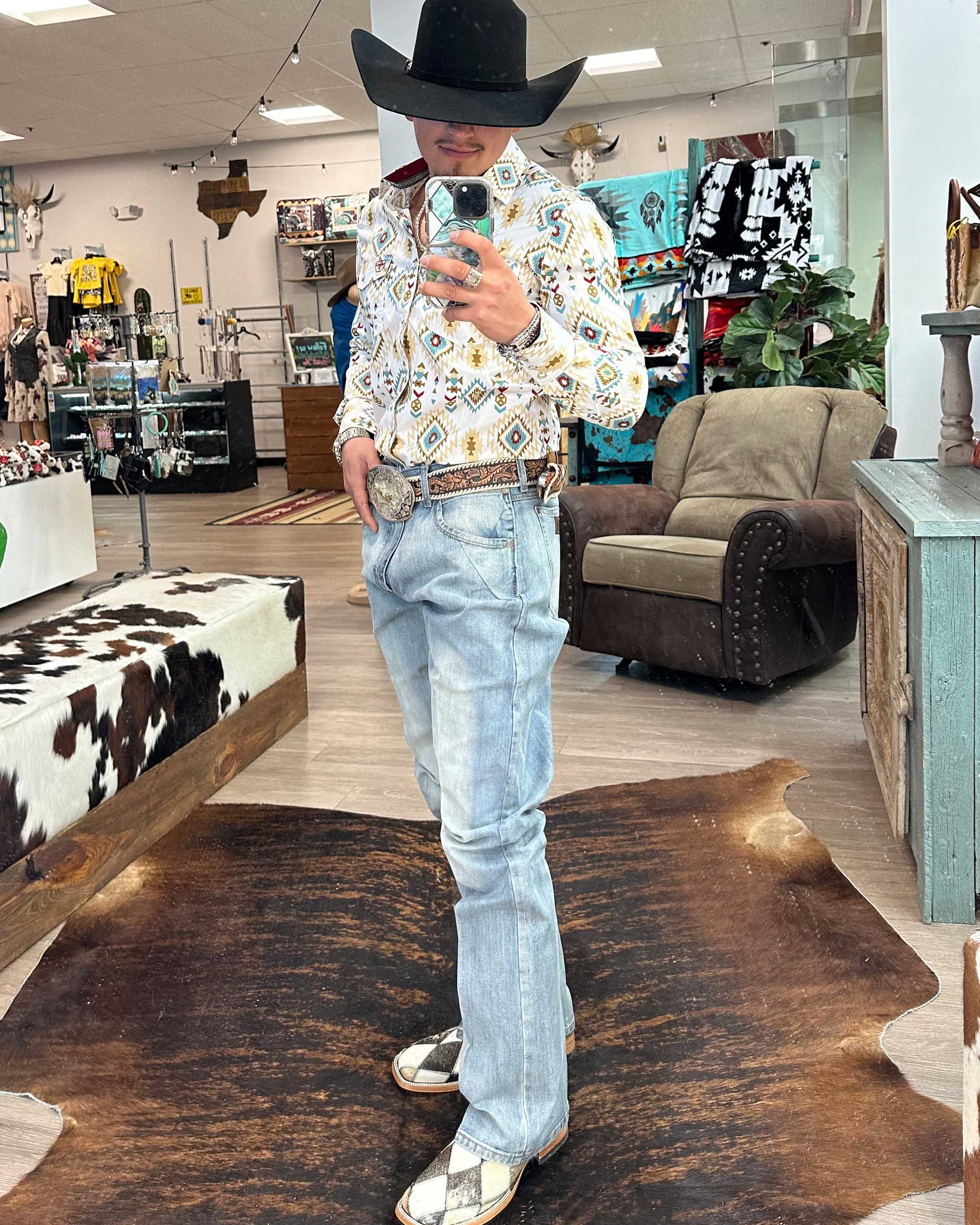 Men's Casual Retro Western Cowboy Stripe Long Sleeve Shirt