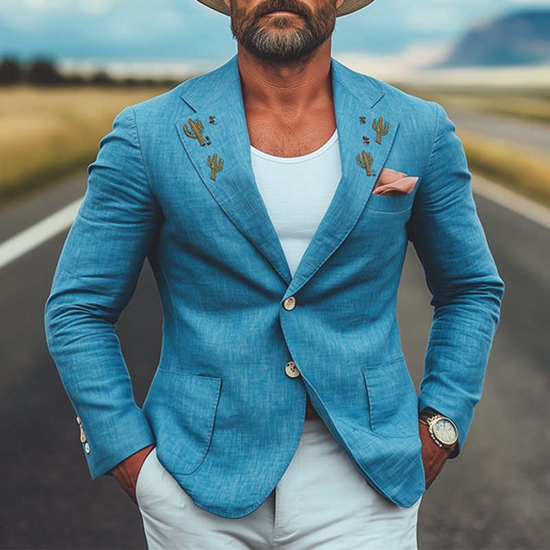 Men's Spring And Summer Casual American Western Tough Style Cactus Embroidered Blue Cotton And Linen Single-breasted Blazer MTA0991F2K