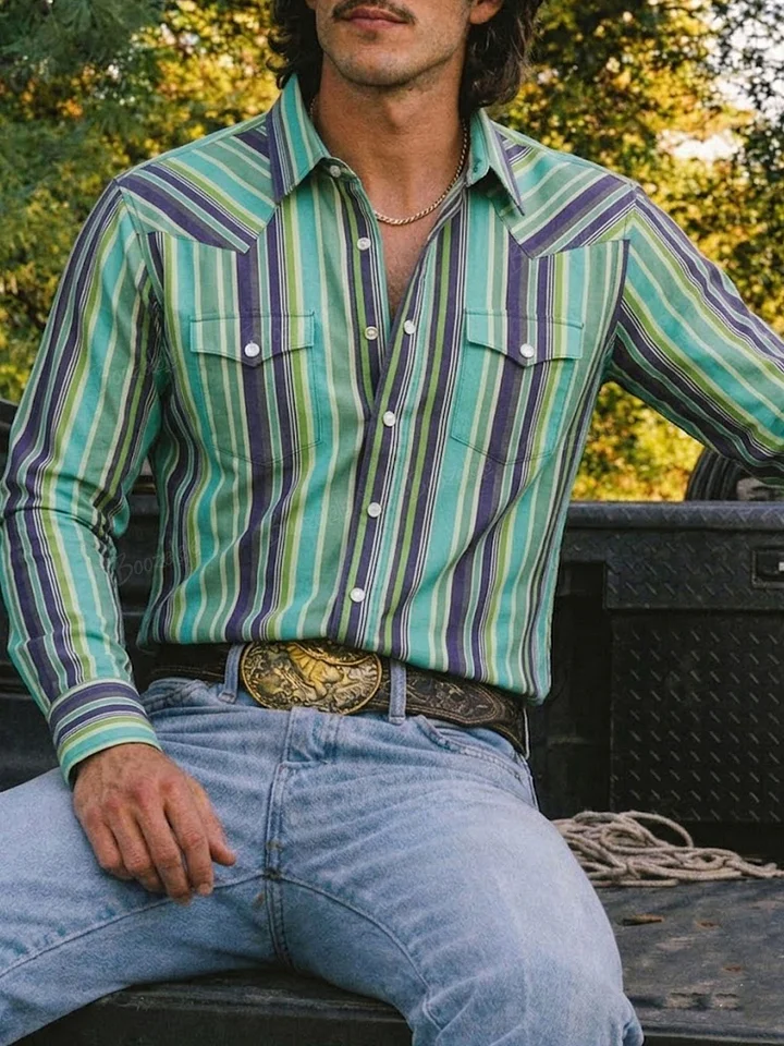 Men'S Western-Style Casual Green And Blue Striped Shirt