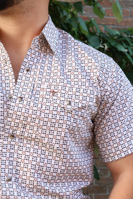Rodeo Men Light Yellow Diamond Western Print Pearl Snap Shirt