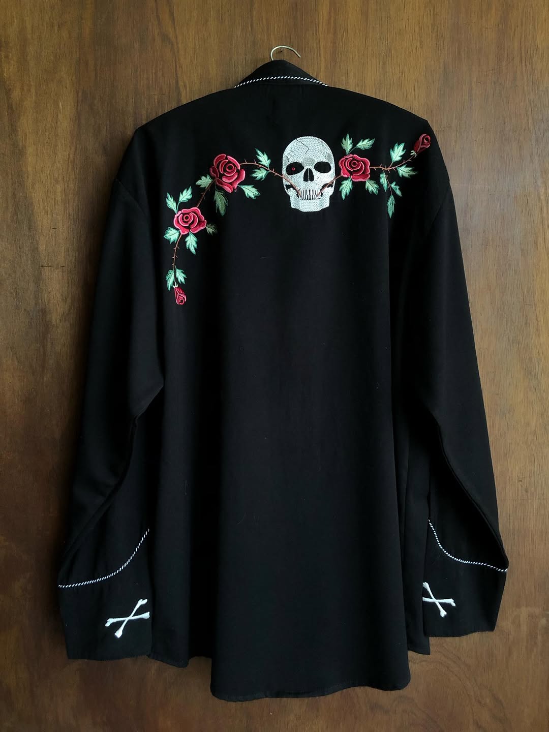Black Skull Rose Embroidery Western Shirt