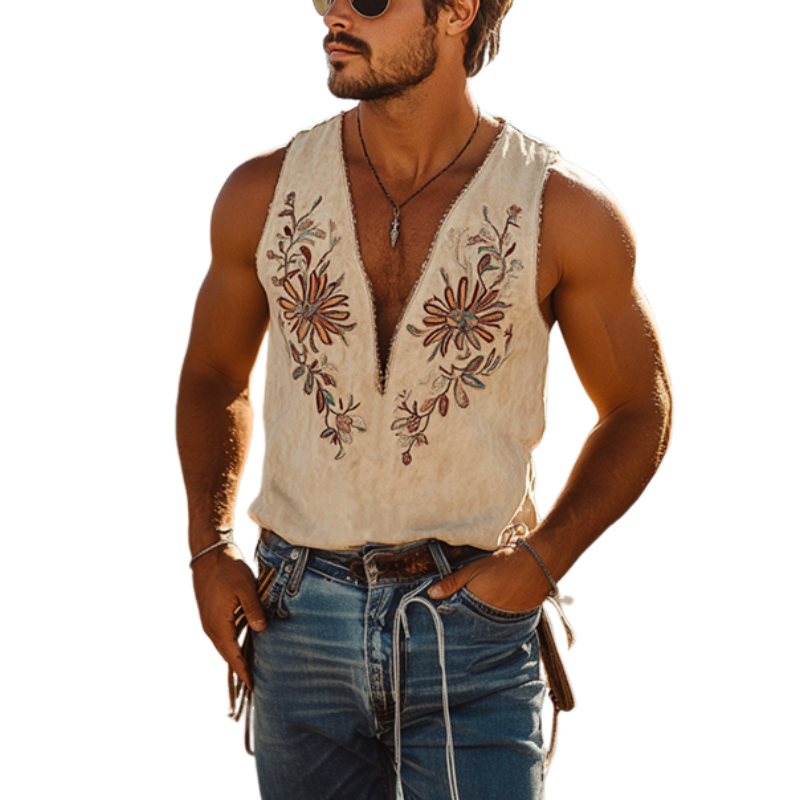 Men's Spring and Summer Classic Western Cowboy Style Thin Suede Embroidered Deep V-neck Tank Top 00494118K