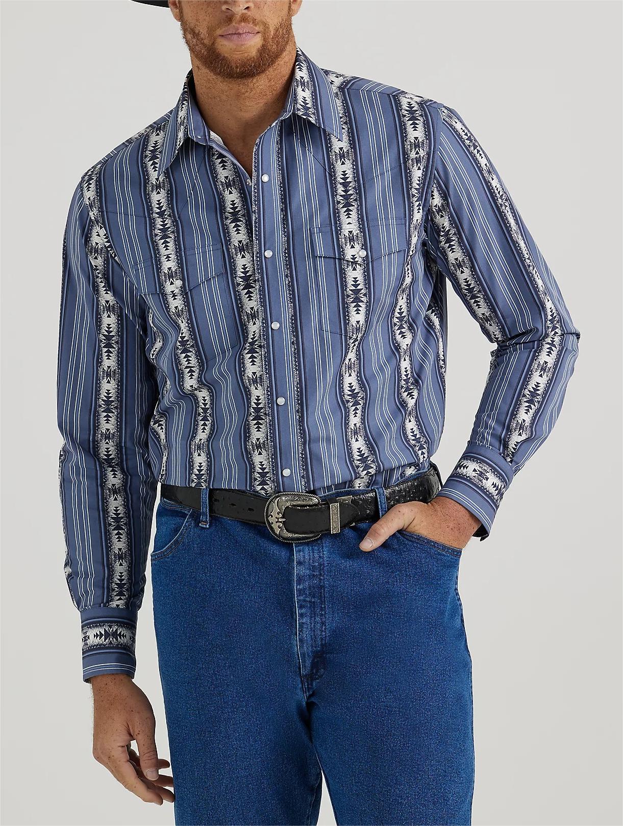 Long Sleeve Western Snap Printed Shirt In River Navy