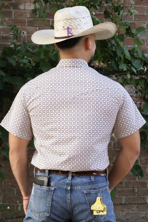 Rodeo Men Light Yellow Diamond Western Print Pearl Snap Shirt