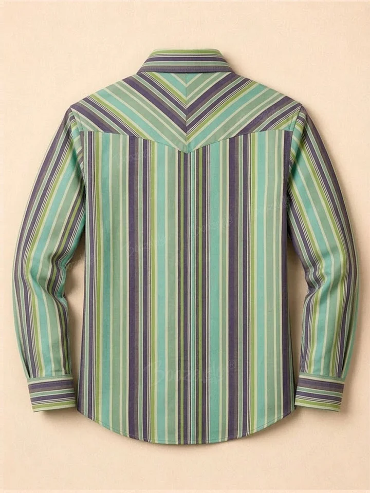 Men'S Western-Style Casual Green And Blue Striped Shirt