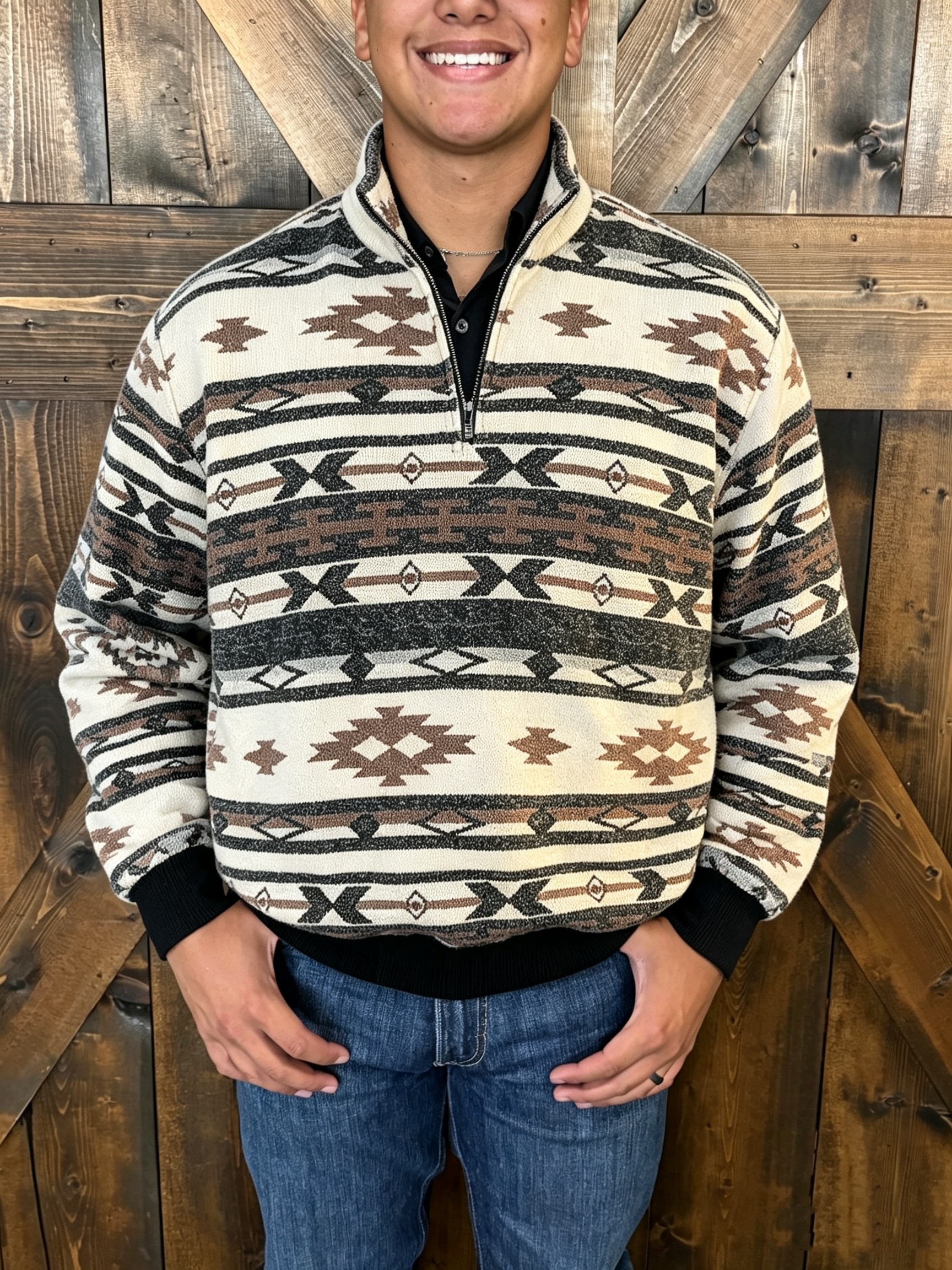 Vintage Western Navajo Print Half Zip Fleece Pullover