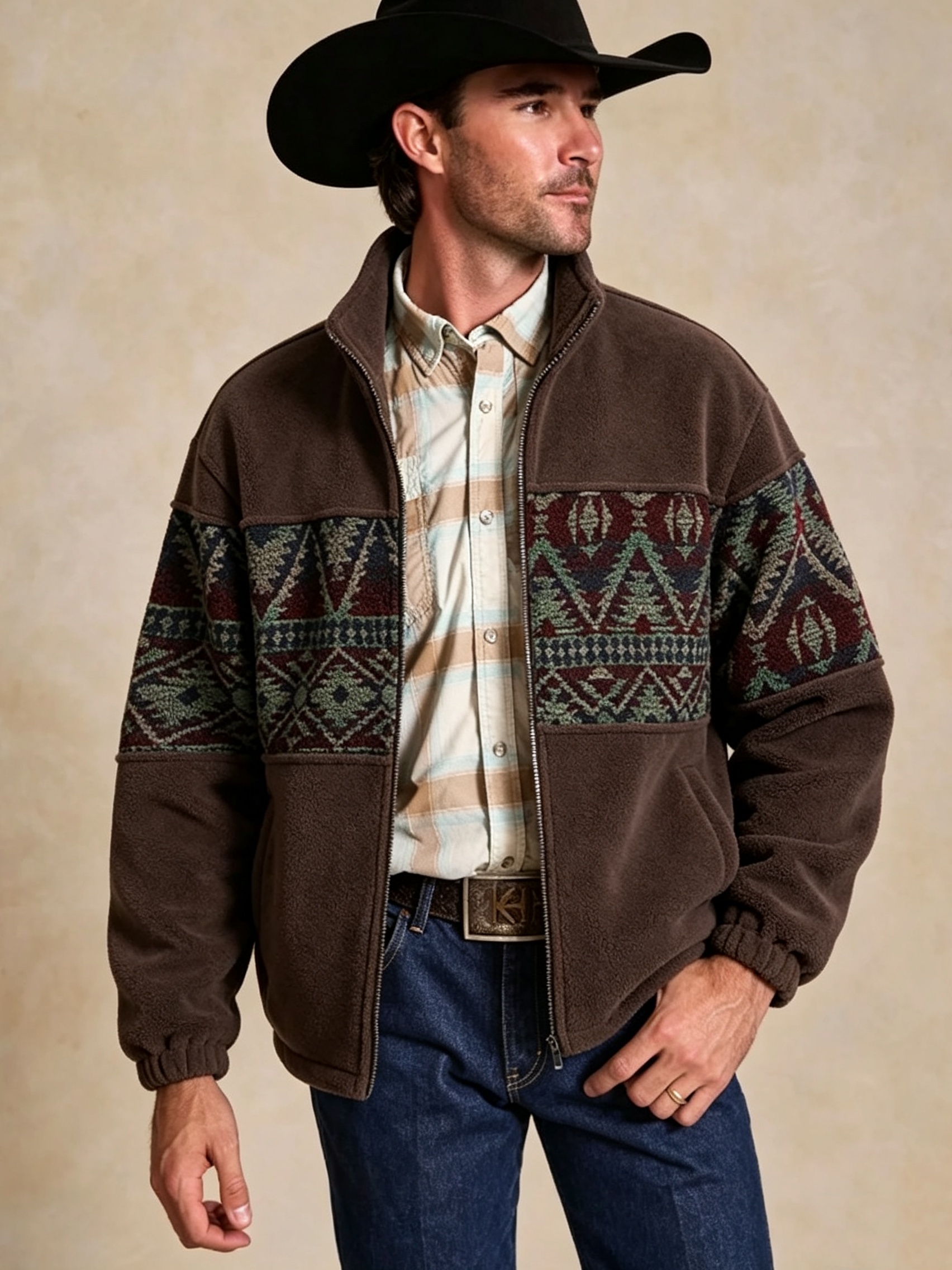 Men's Fleece Jacket with Ethnic Pattern