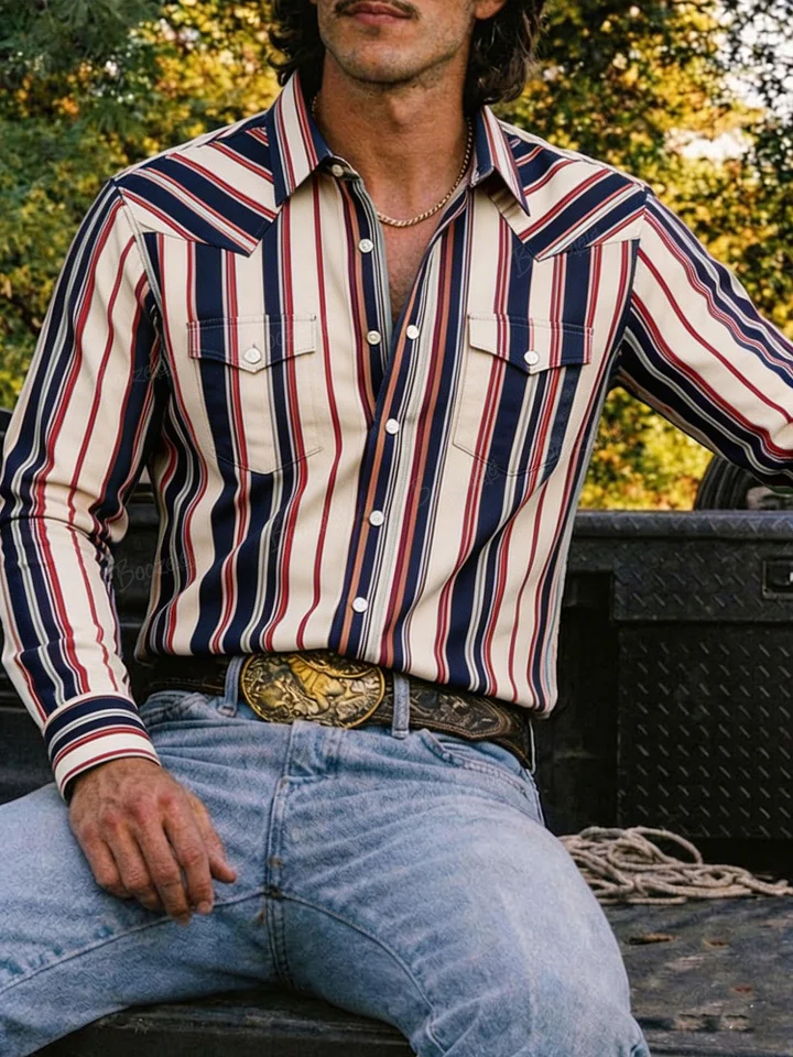 Men's Striped Western Shirt, Long Sleeve Button Down Cowboy Shirt for Rodeo