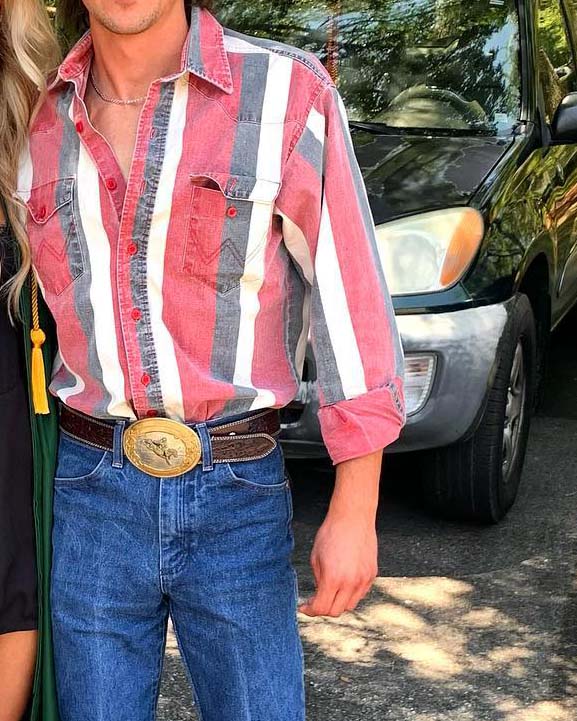 Men's Western Casual Red Gray Striped Shirt