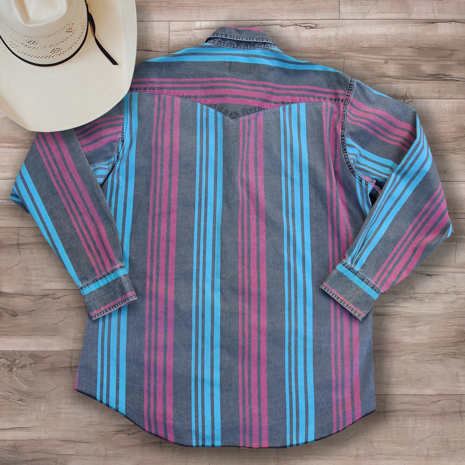Men's Lapel Casual Western Blue Pink Striped Shirt