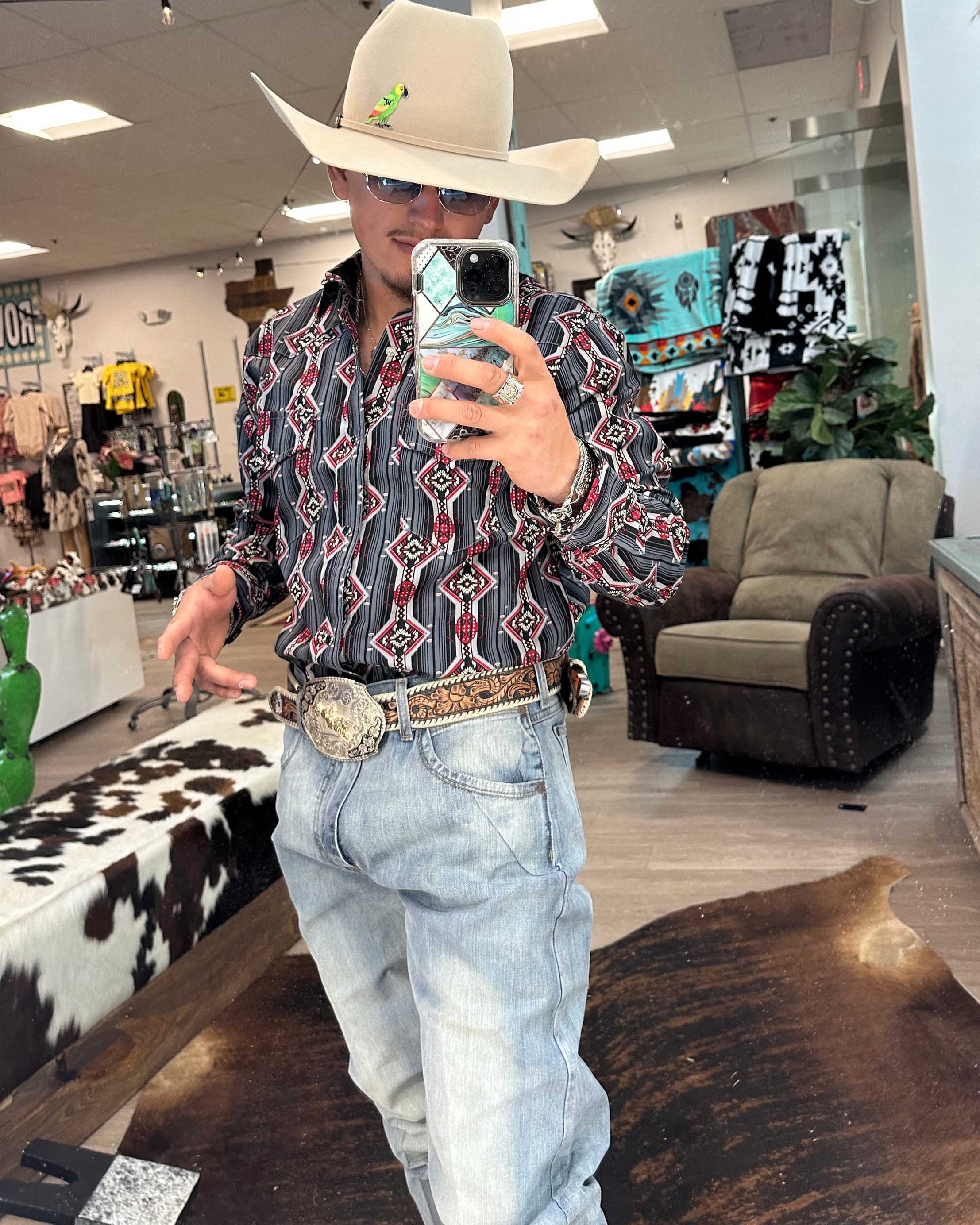 Men's Casual Retro Western Cowboy Stripe Print Long Sleeve Shirt