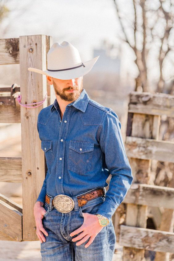 Men's Retro Western Blue Fashionable Lapel Long Sleeve Shirt