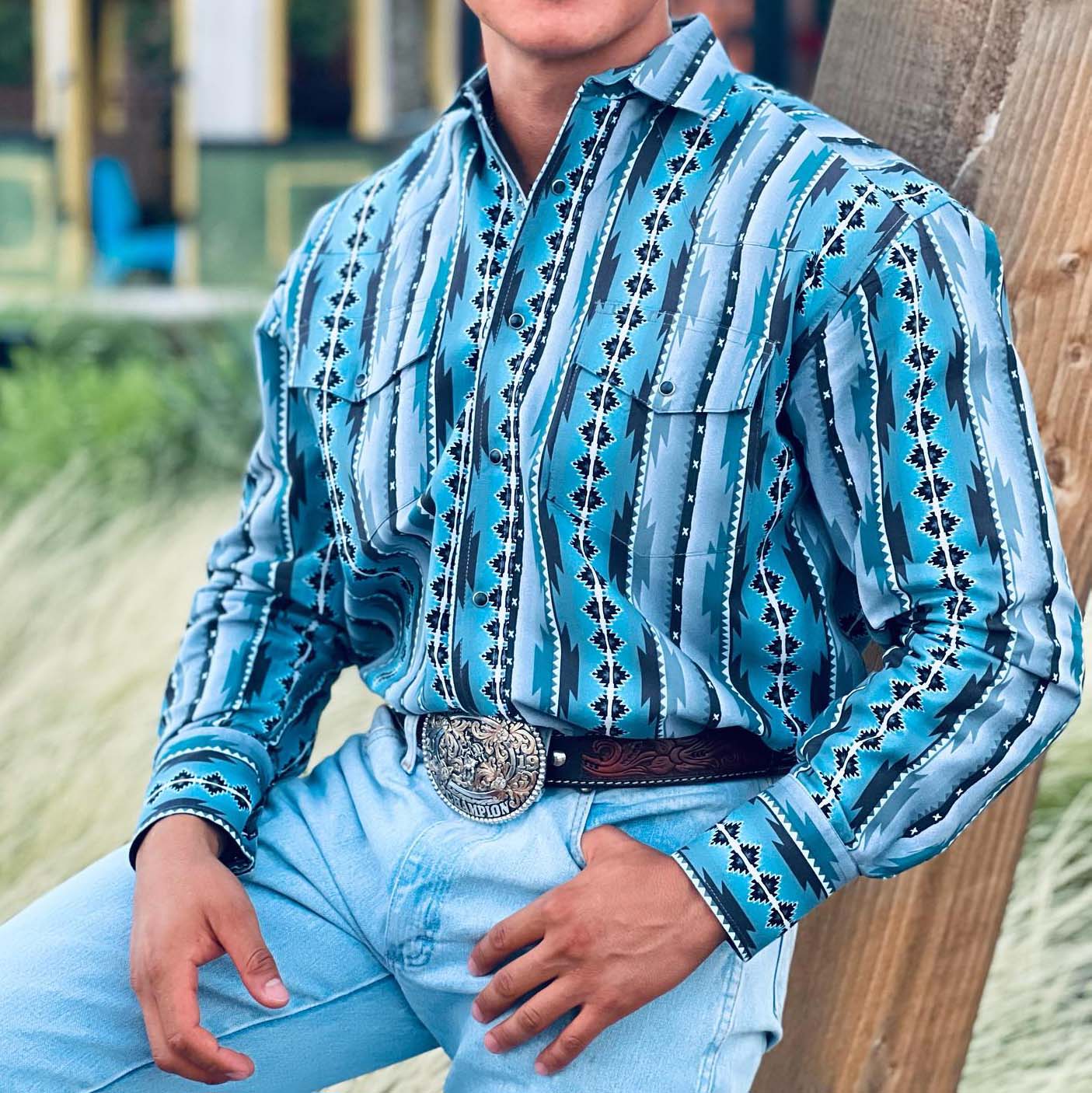 Men's casual lapel sky blue striped western print shirt
