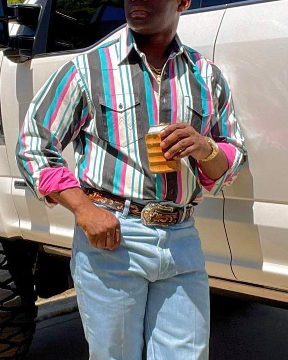 Men's Casual Western Gray White Striped Long Sleeve Shirt