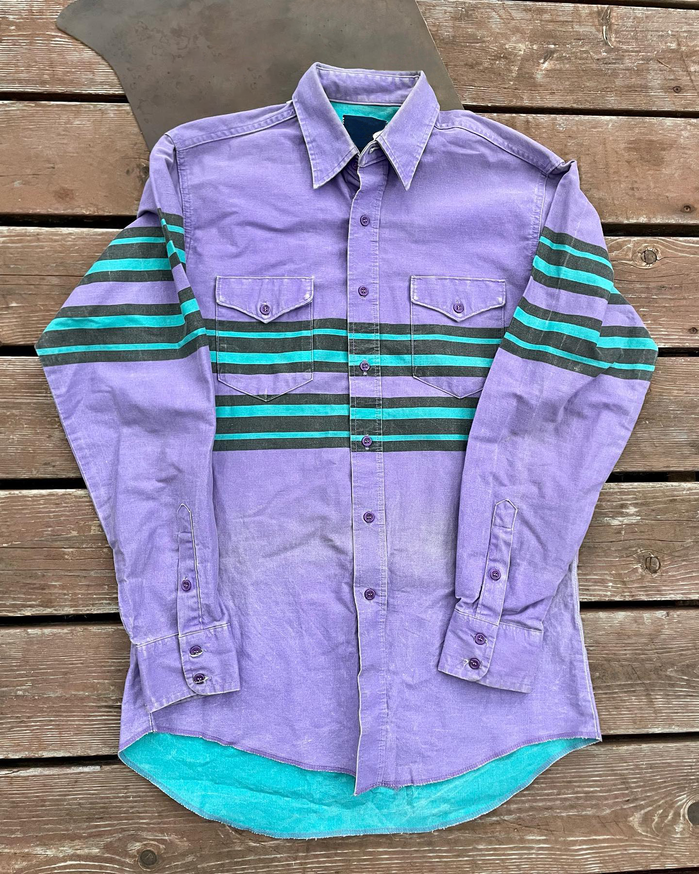 Men's Fashionable Casual Western Purple Green Striped Shirt