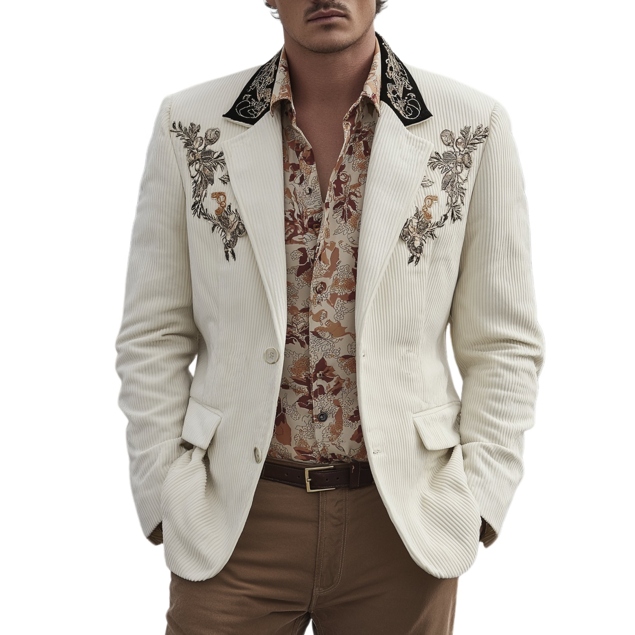 Men's Classic Casual Western Cowboy Style Corduroy Embroidered Single-breasted Blazer MTA3140G8K