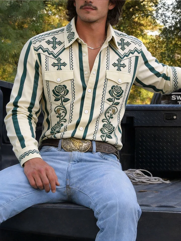 Men's Western Shirt, Long Sleeve Button Down Cowboy Shirt for Rodeo