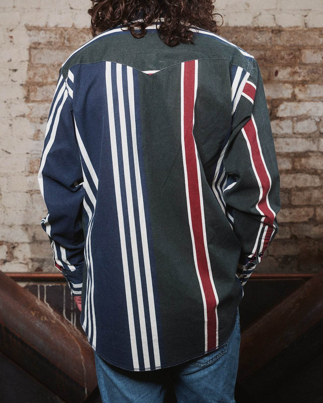 Men's Western Fashion Green Red Striped Long Sleeve Shirt