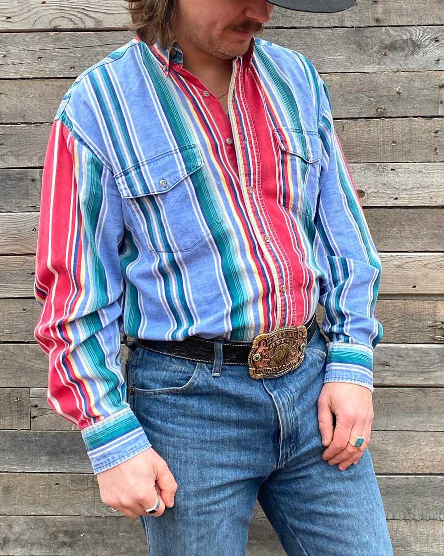 Men's Casual Vintage Blue Stripe Print Long Sleeve Lapel Shirt