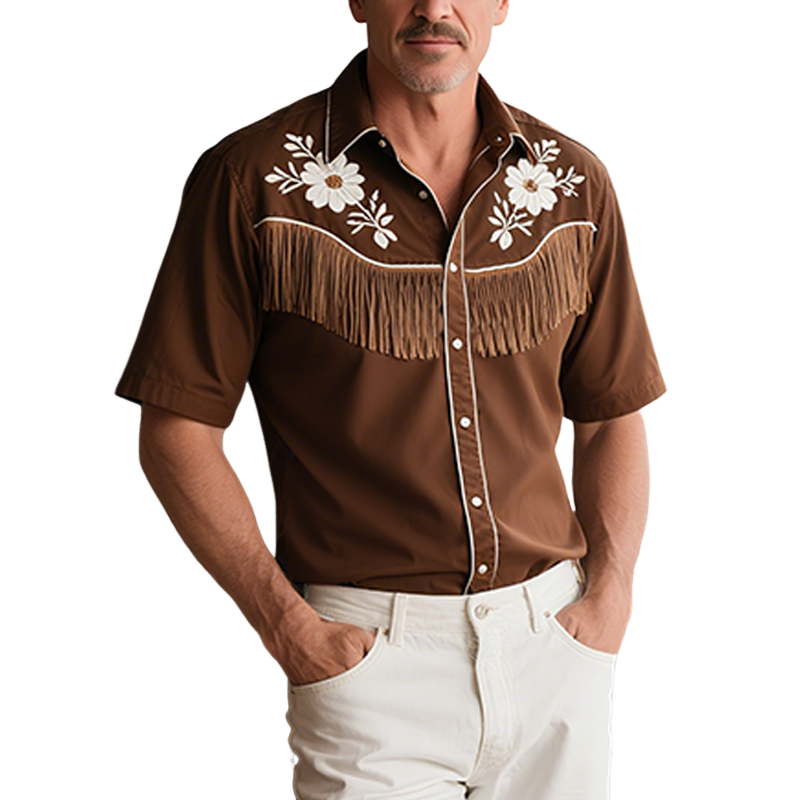 Men's Summer New Casual American Western Style Cotton Blend Embroidered Tassel Slim Short-sleeved Shirt MTA1786F6K