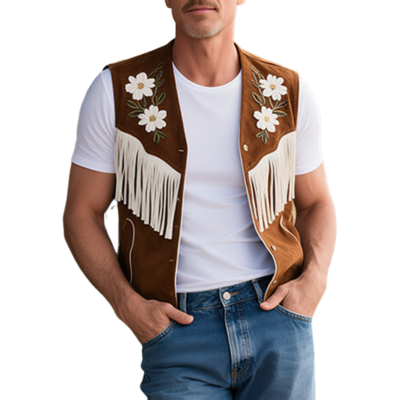 Men's Spring And Summer American Retro Western Style Thin Suede Embroidered Tassel Vest MTA1782F4K