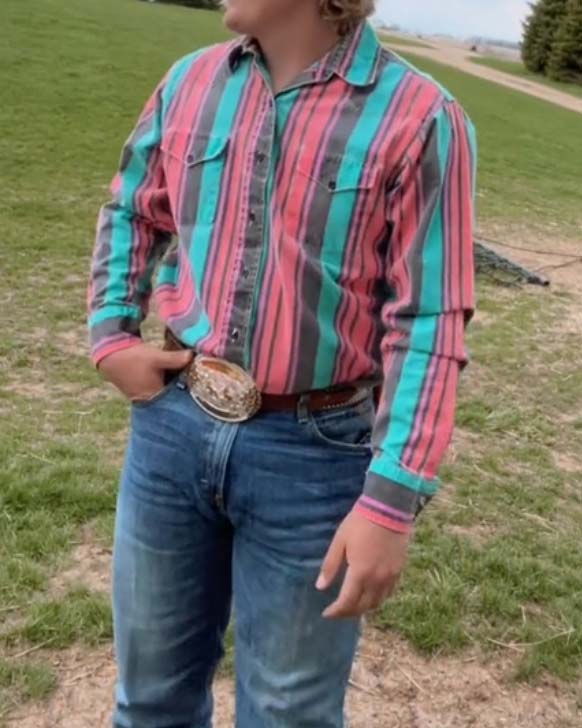 Men's Fashion Western Green and Red Striped Long Sleeve Shirt