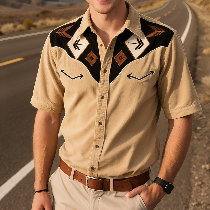 Men's Vintage Casual Western Corduroy Geometric Embroidery Lapel Turndown Sleeve Shirt MTA2236G0TO