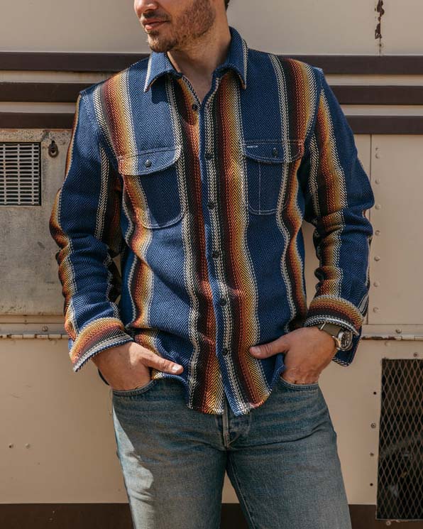 Men's Fashion Western Blue Orange Striped Long Sleeve Shirt