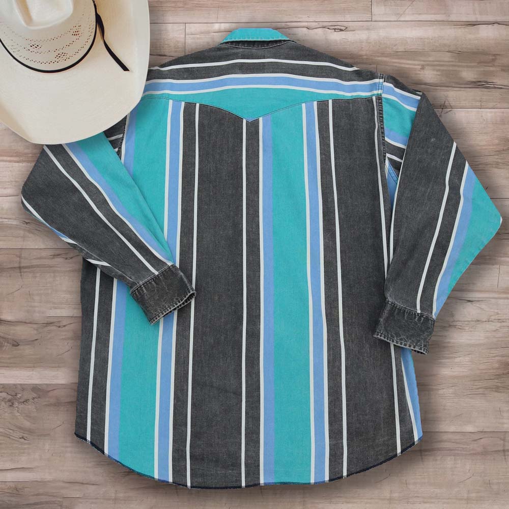 Men's Casual Western Blue Black Striped Shirt