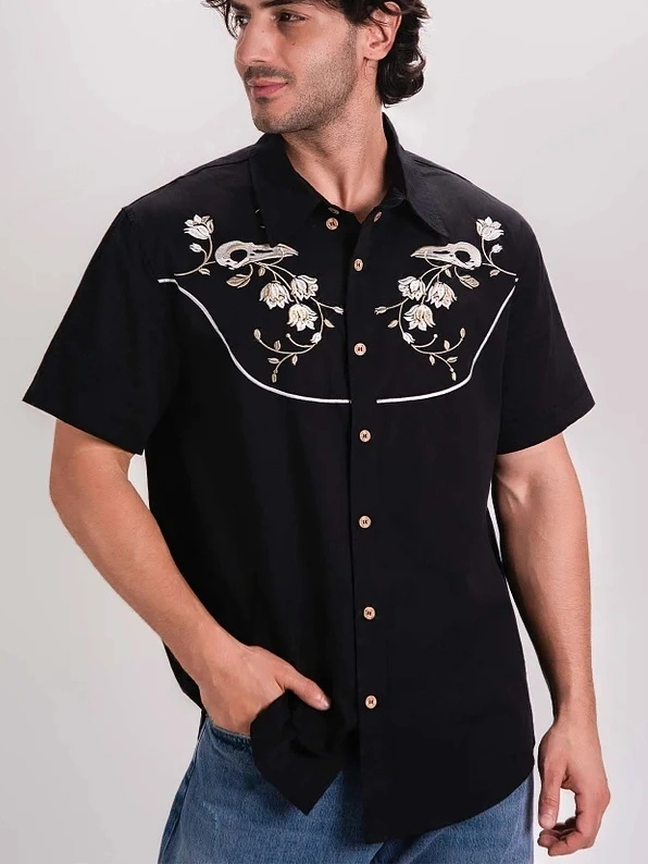 Flower And Raven Skull - 100% Cotton Shirt