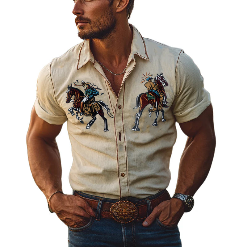 Men's Western Denim Casual Vintage Short-Sleeve Shirt MTA1125D9X