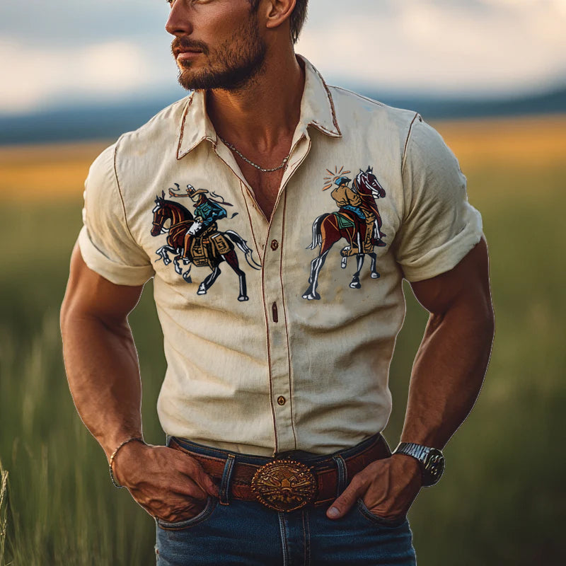 Men's Western Denim Casual Vintage Short-Sleeve Shirt MTA1125D9X