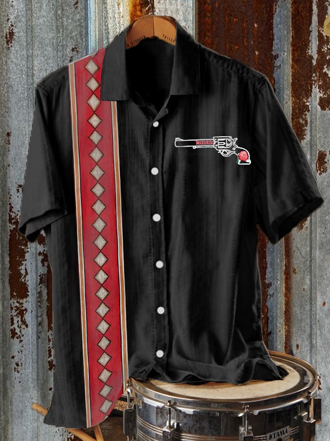 Men's Retro Western Rose Sharpshooter Print Casual Shirt