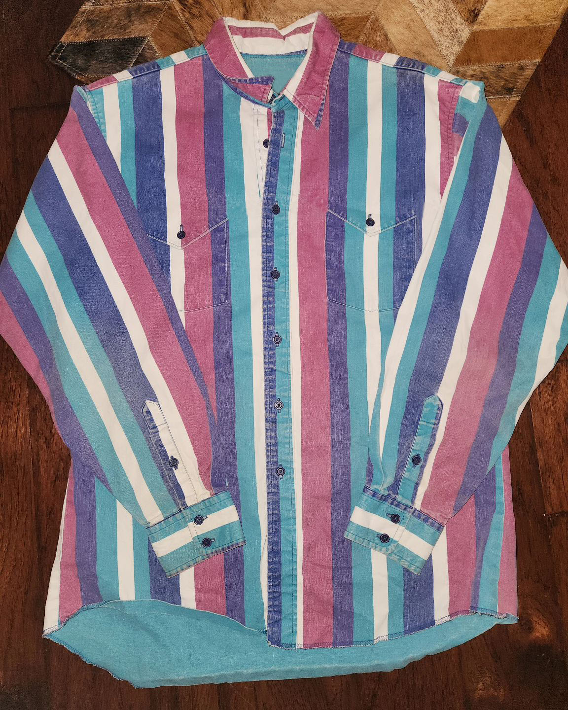 Men's Retro Casual Pink Blue Striped Shirt