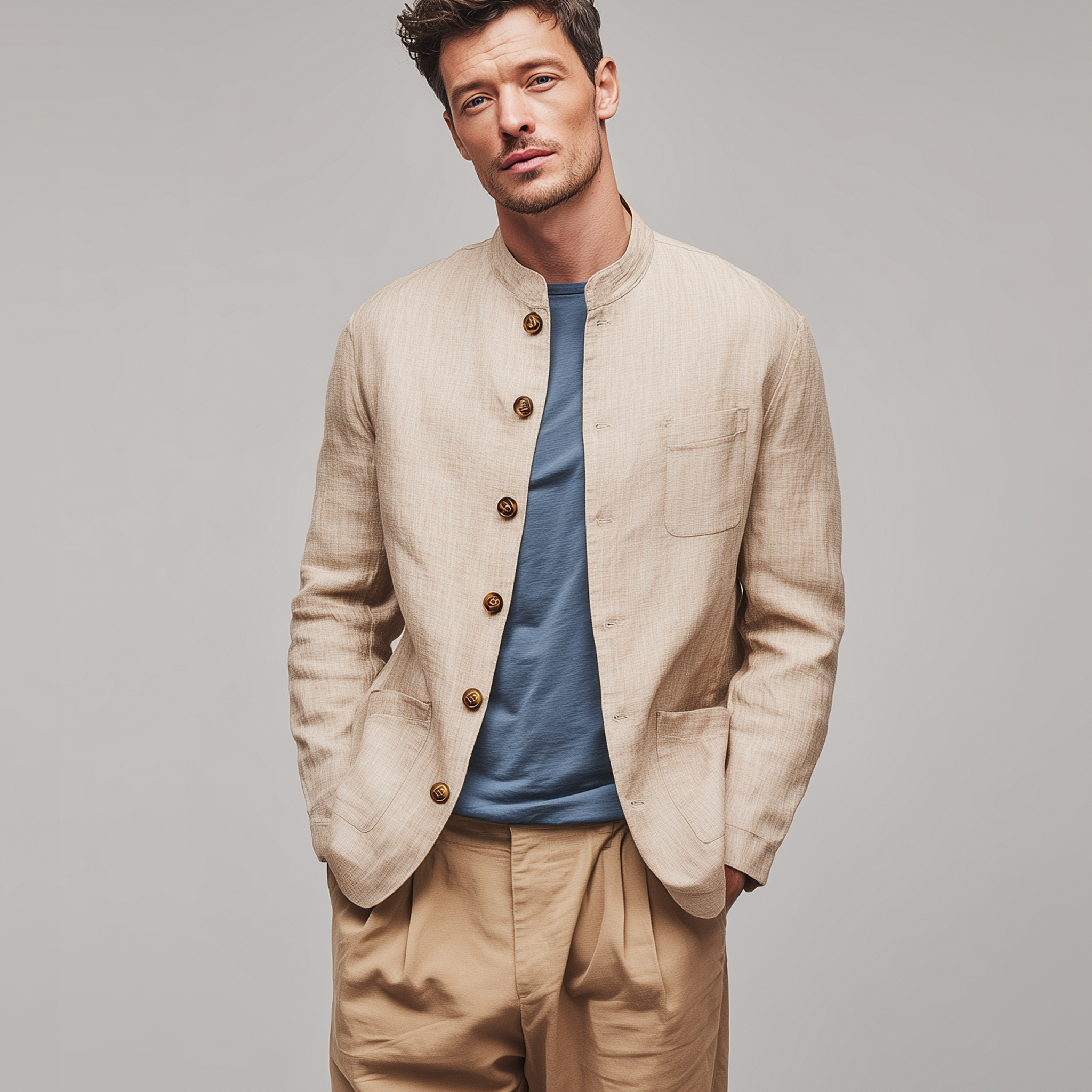 Men's Classic Retro Casual Cotton And Linen Blend Stand Collar Multi-pocket Jacket MTA0184H4K